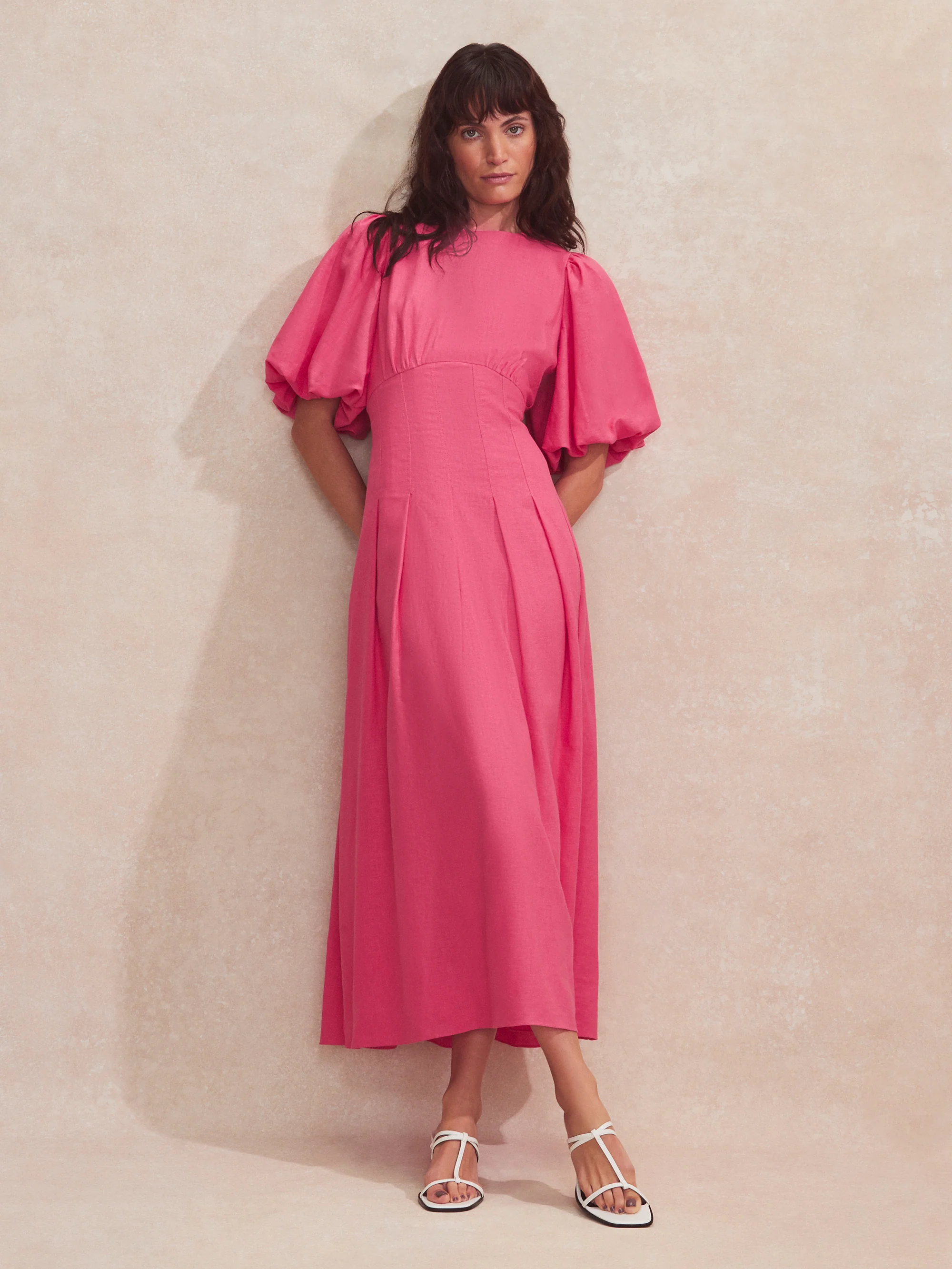 Pink Pleat Detail Linen Blend Dress
